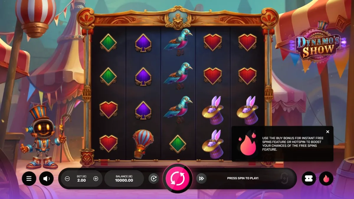 Tampilan visual slot Dynamo’s Show dengan robot ringmaster