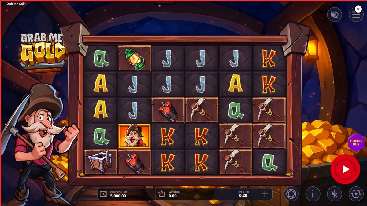 Tampilan visual slot Grab Me Gold dengan tema tambang emas dan simbol-simbol berkilauan