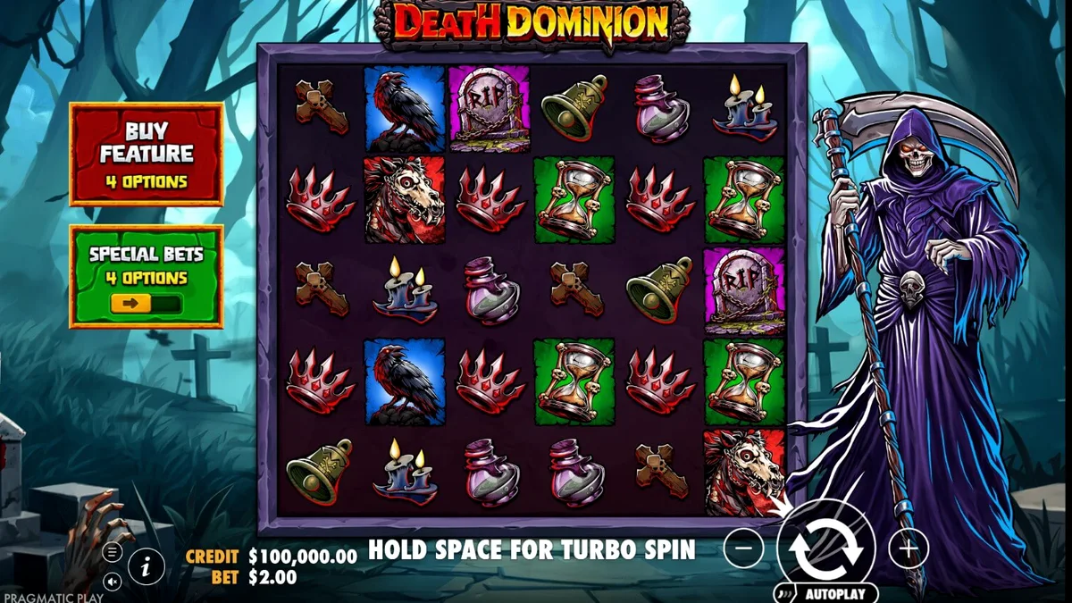 Tampilan visual slot Death Dominion dengan tema gotik dan simbol-simbol horor di latar pemakaman.